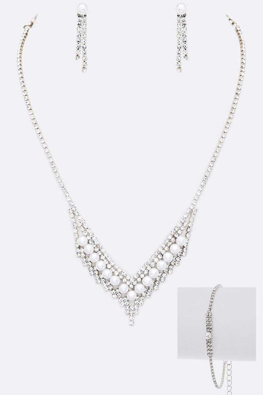 3 PC Pearl Accent Rhinestone Necklace Set