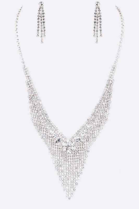 Long Fringe Rhinestone Evening Necklace Set