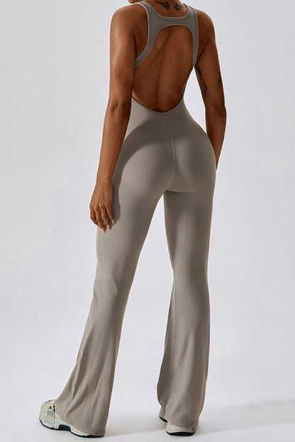 Solid flared trousers cutout back jumpsuit