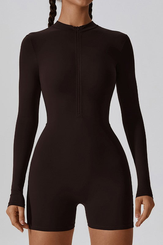 Solid zippered long-sleeved sports jumpsuit