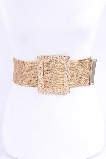 Square Buckle Faux Straw Elastic Belt