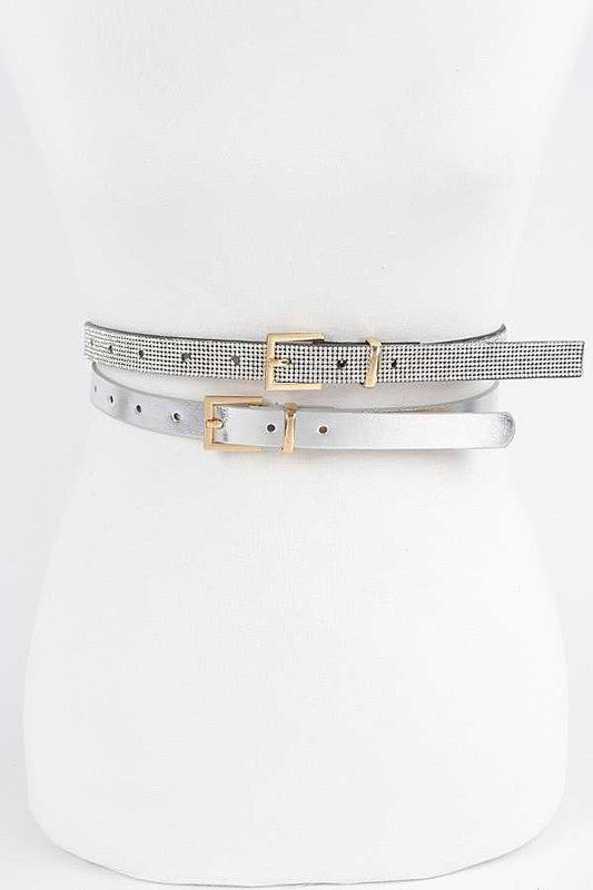 Rhinestone Metallic 2 In 1 Skinny Belt Set