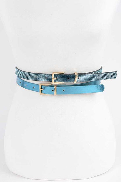 Rhinestone Metallic 2 In 1 Skinny Belt Set