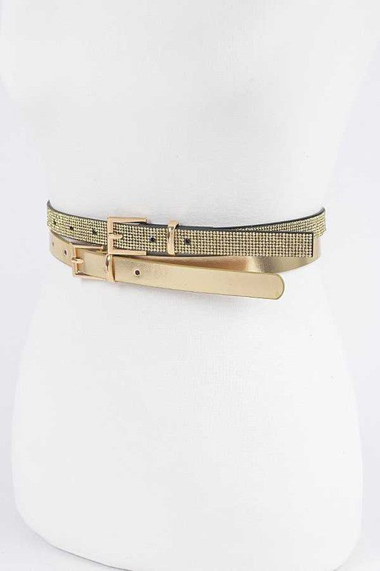 Rhinestone Metallic 2 In 1 Skinny Belt Set