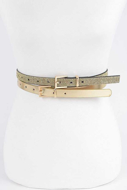 Rhinestone Metallic 2 In 1 Skinny Belt Set