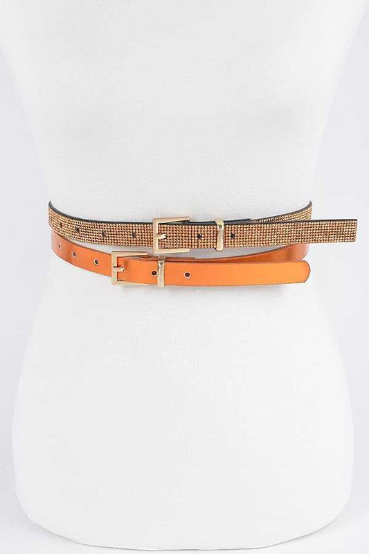 Rhinestone Metallic 2 In 1 Skinny Belt Set