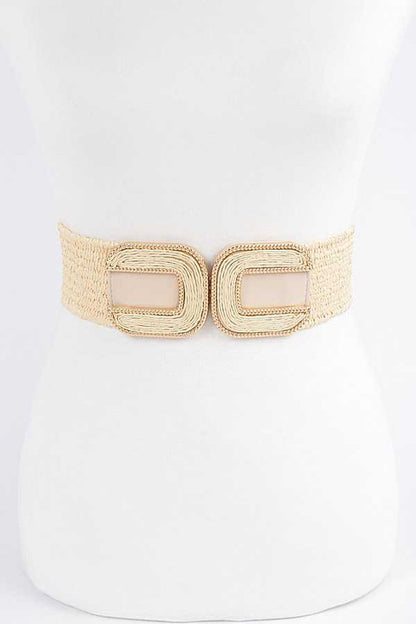 Double Buckle Faux Straw Elastic Belt