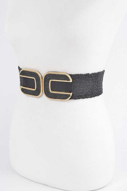 Double Buckle Faux Straw Elastic Belt