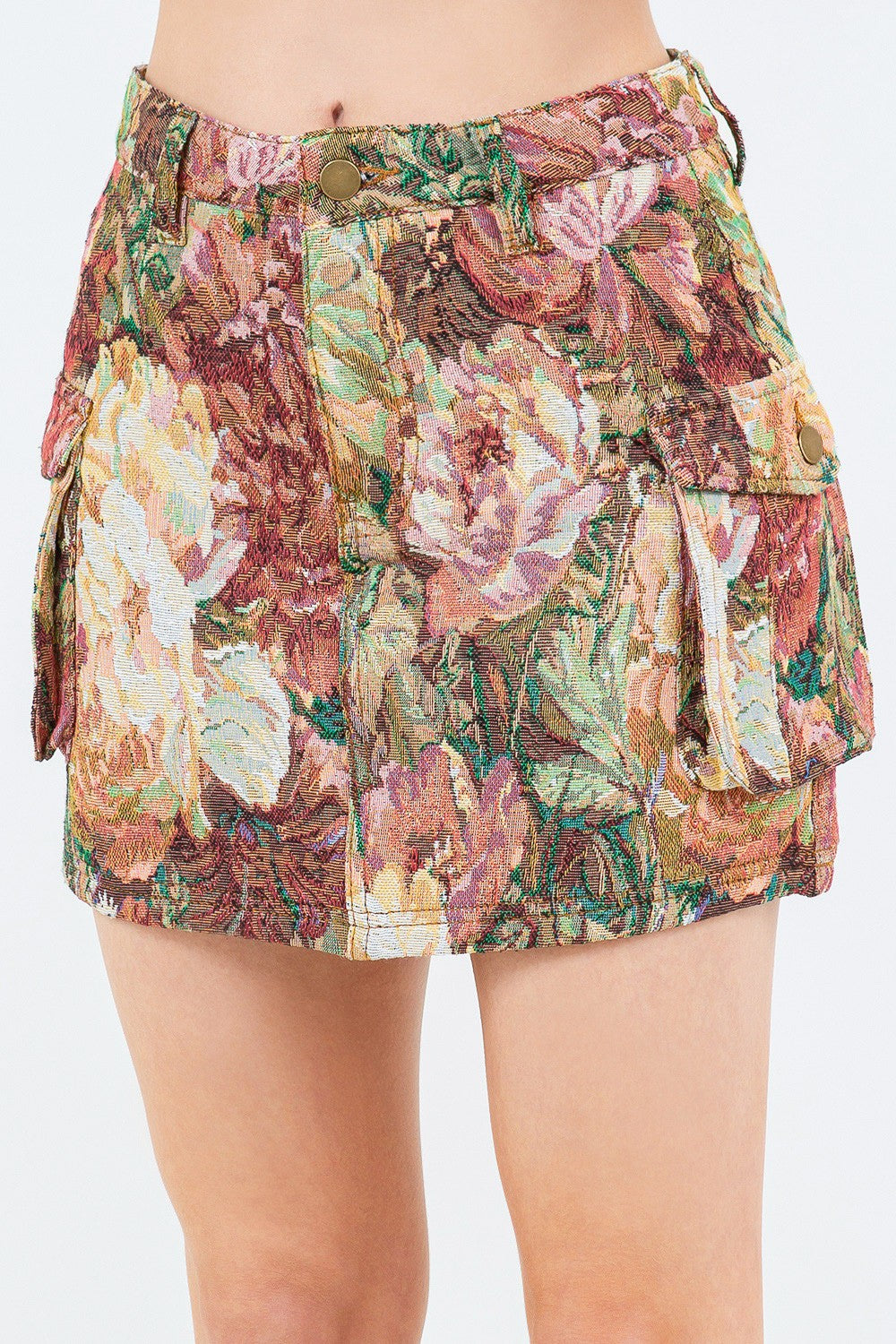 Jacquard Trim Cargo Mini Denim Skirt