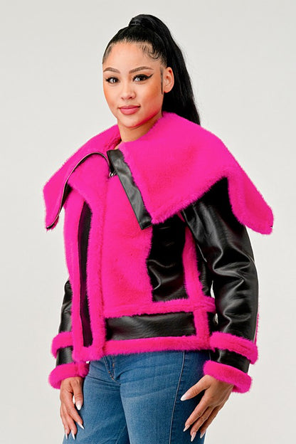 Statement Pink Faux Fur Aviator Jacket