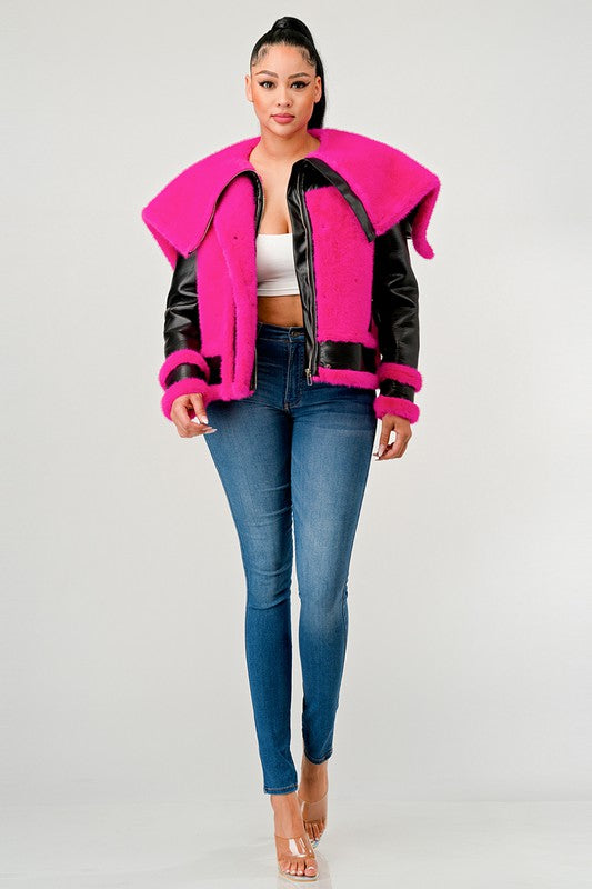 Athina statement pink Faux Fur Aviator Jacket