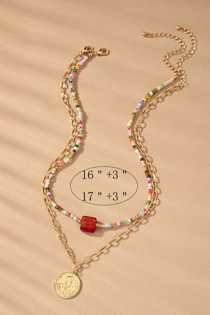 two layer multi color bead and chain necklace