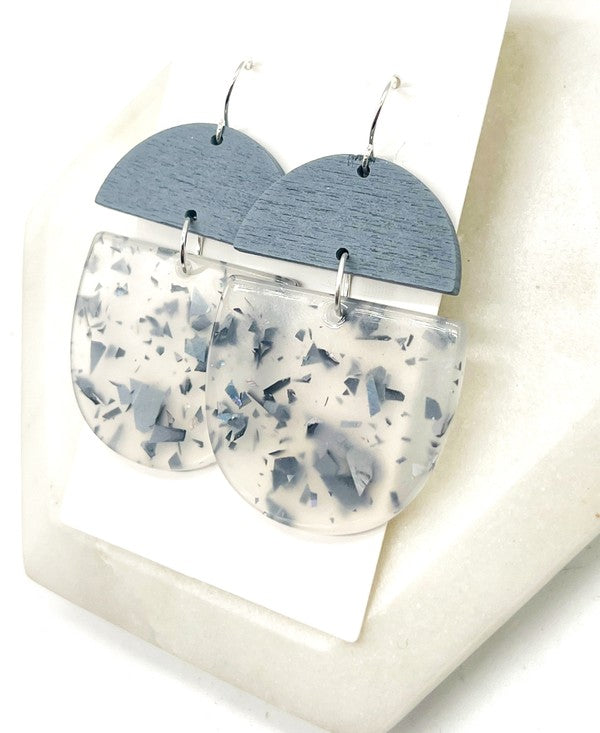 Grey Sparkle Sequin Wood Acrylic Deco Earrings