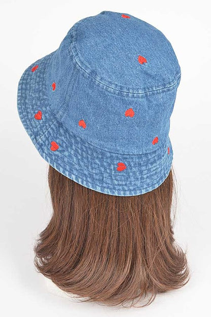 Heart Embroidered Denim Bucket Hat