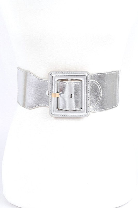 Metallic Faux Leather Elastic Fashion Wide Belt