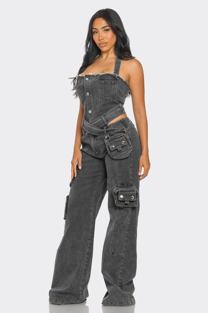 Dual-Tone Utility Denim Jumpsuit