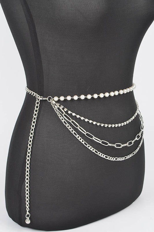 PLUS SIZE RHINESTONE PEARL STATION CHAIN BELT