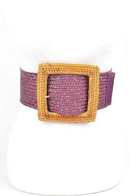 Bamboo Square Buckle Faux Straw Elastic Belt