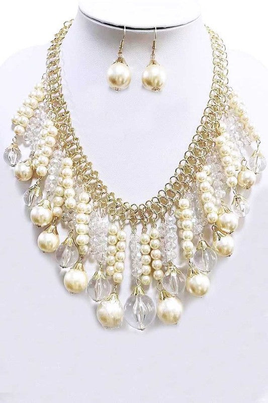 Pearl And Clear Beads Statement Necklace Set