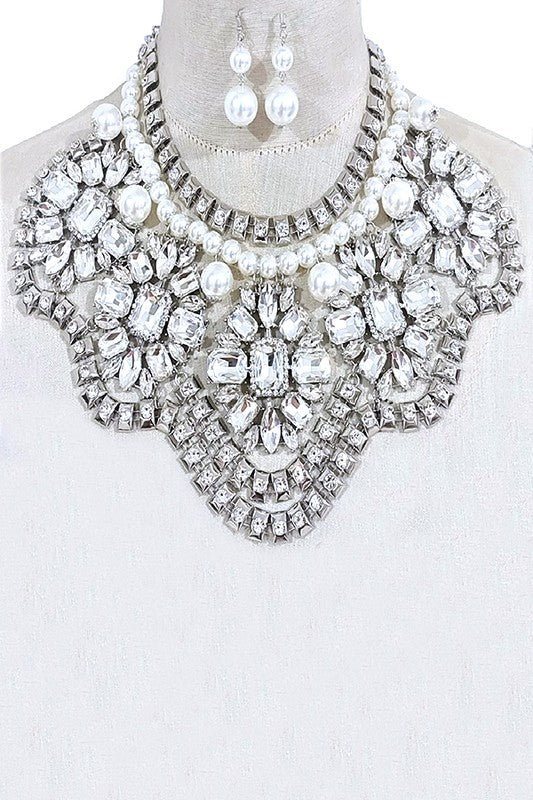 Crystal Flower Pearl Accent Statement Bib Necklace