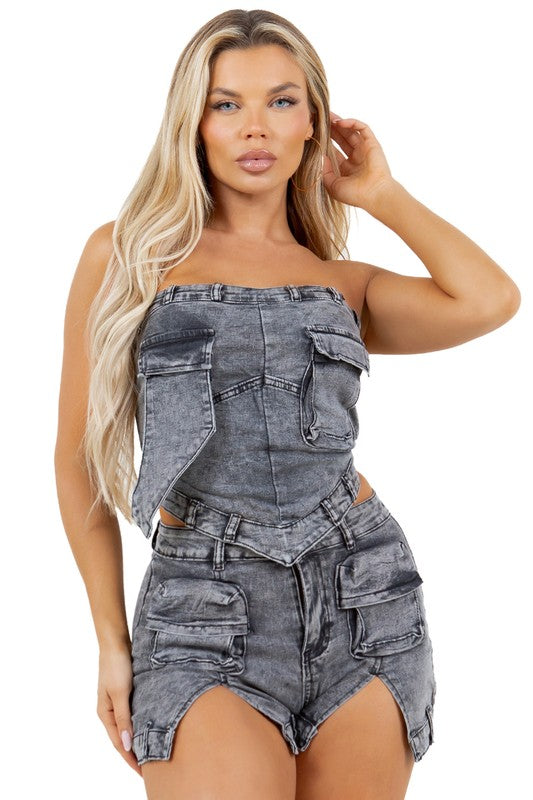 Number One Baddie Fashion Denim Two Piece Shorts Set