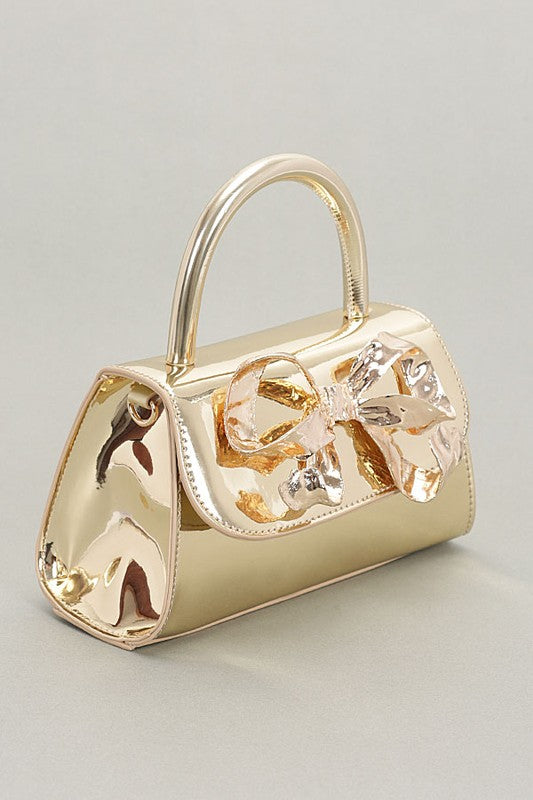 Metallic Bow Tie Mirror Top Handle Bag