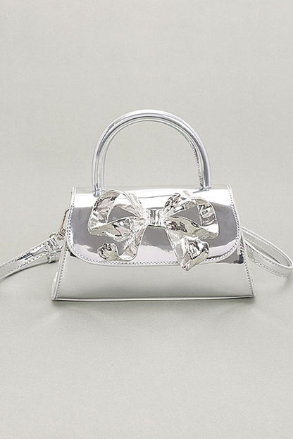 Metallic Bow Tie Mirror Top Handle Bag