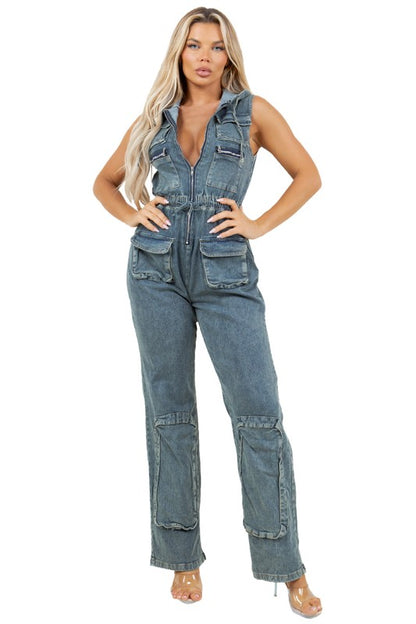 Who's Looking Fashion Denim Cargo Style Jumpsuit