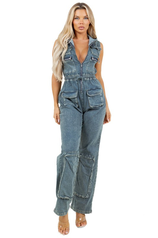 Who's Looking Fashion Denim Cargo Style Jumpsuit