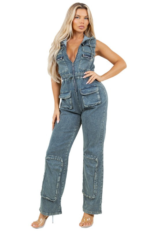 Who's Looking Fashion Denim Cargo Style Jumpsuit