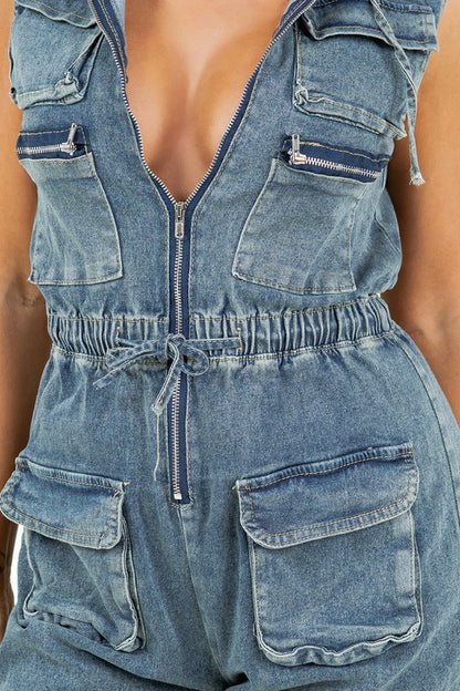 Who's Looking Fashion Denim Cargo Style Jumpsuit