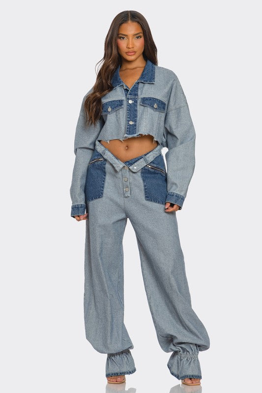 Cropped Contrast Denim Jacket Set