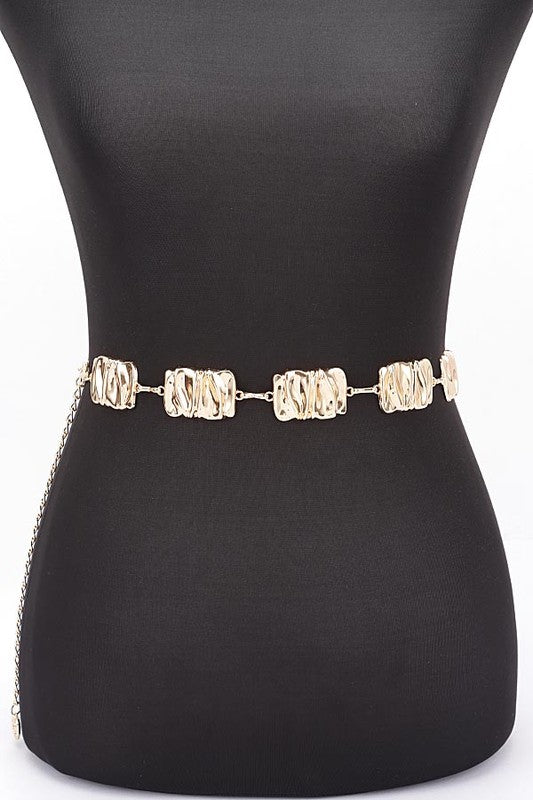 Textured Metal Plate Station Fashion Chain Belt