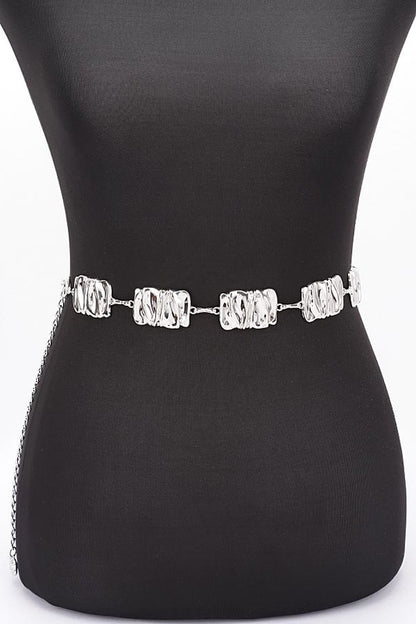 Textured Metal Plate Station Fashion Chain Belt