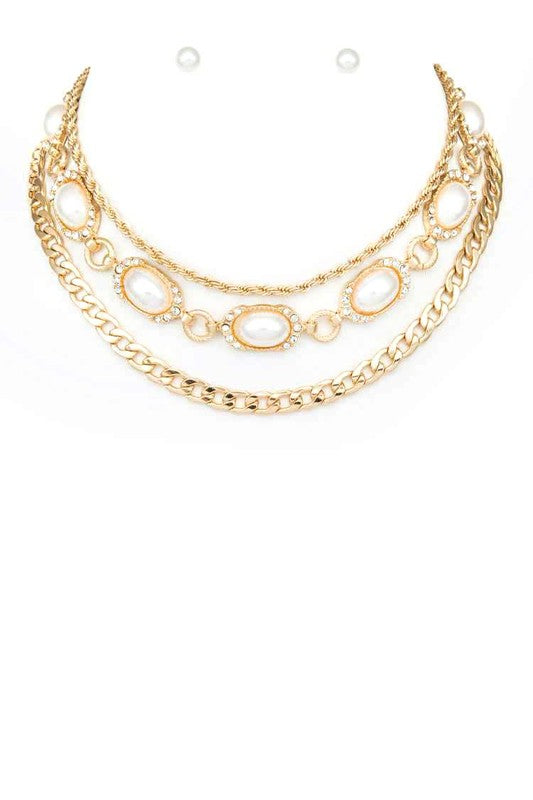 Mix Chain Pearl Accent Layer Collar Necklace Set