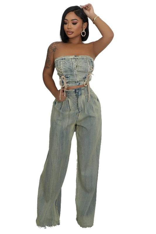 No Time Lost Fashion Denim Two Piece Pants Set