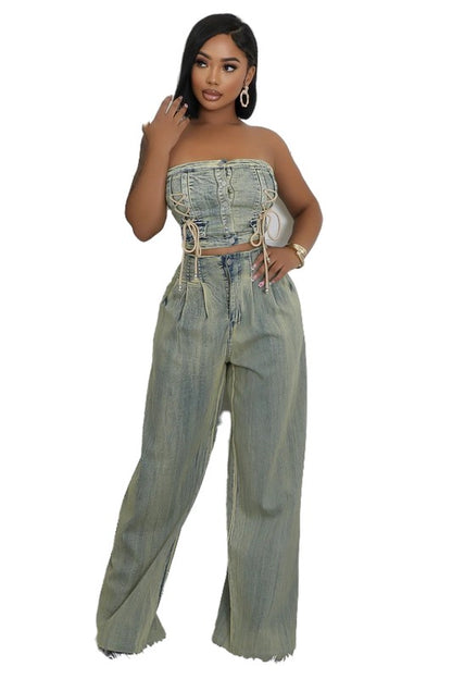 No Time Lost Fashion Denim Two Piece Pants Set