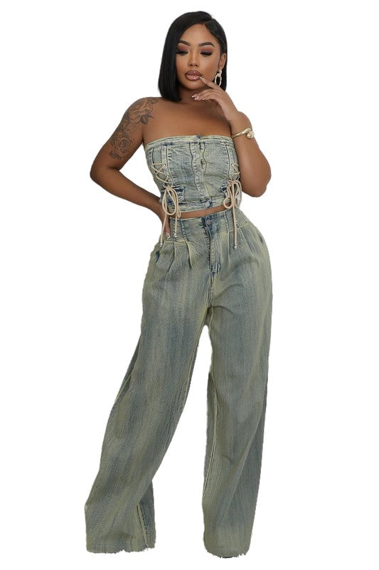 No Time Lost Fashion Denim Two Piece Pants Set