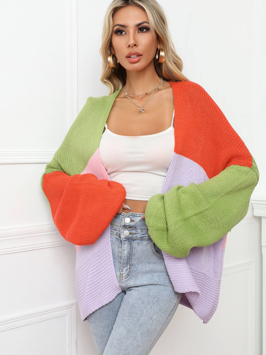 Angel Wings Color Block Open Front Balloon Sleeve Longline Cardigan