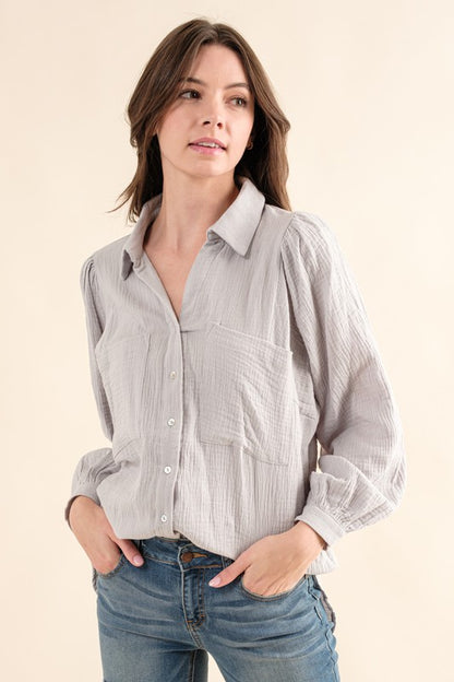 TEXTURED GAUZE BUTTON DOWN PUFF SLEEVES BLOUSE TOP