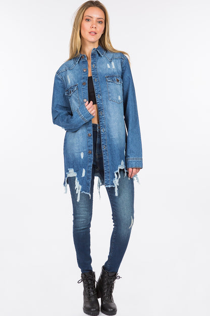 Distressed Frayed Hem Denim Jacket