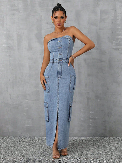 Slit Half Button Tube Denim Dress