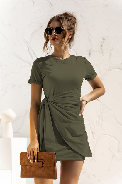 Round Neck Cuffed Sleeve Side Tie Mini Dress