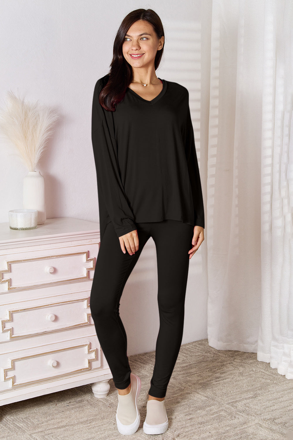 Full Size V-Neck Soft Rayon Long Sleeve Top and Pants Lounge Set