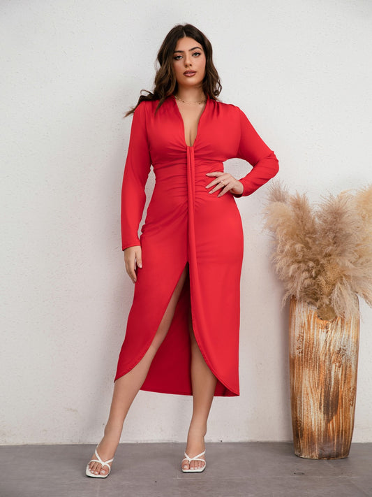 Plus Size Plunge Ruched Slit Maxi Dress