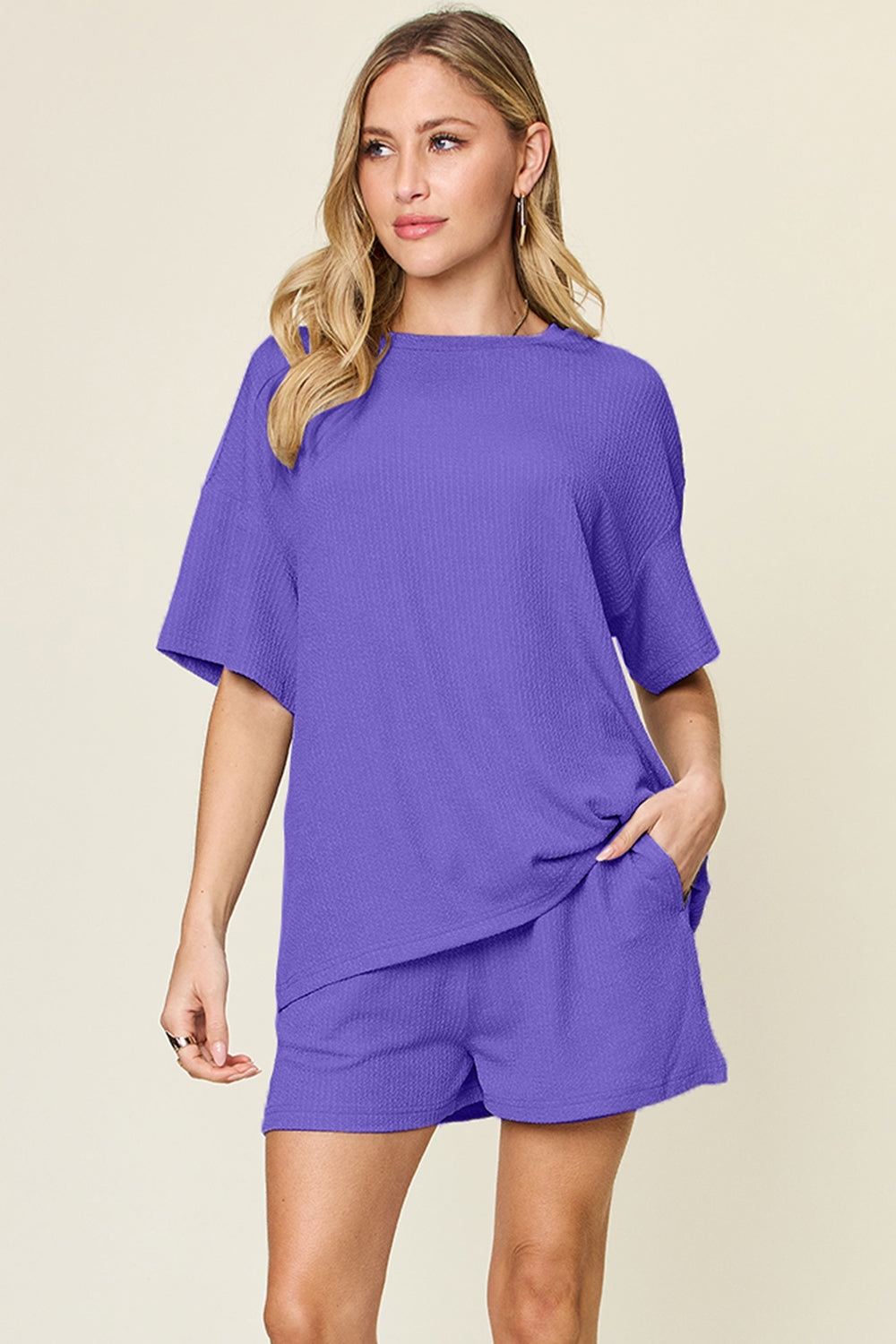 Basic style Round Neck Solid Shorts Set