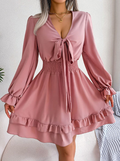 Tie Front Smocked Waist Flounce Sleeve Mini Dress