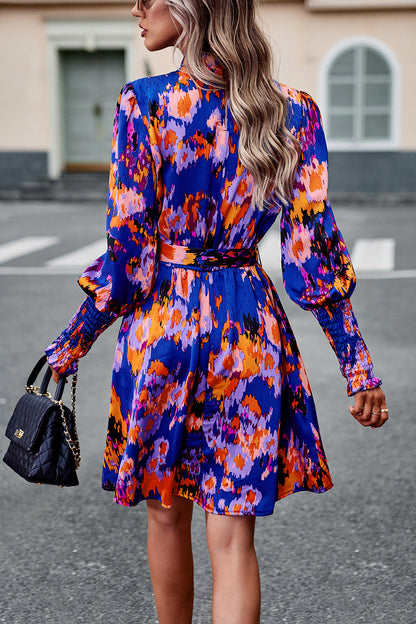 Devine Printed Tie Waist Mock Neck Lantern Sleeve Dress