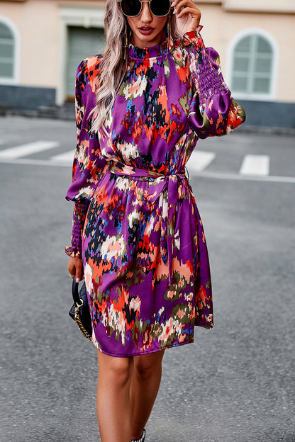 Devine Printed Tie Waist Mock Neck Lantern Sleeve Dress