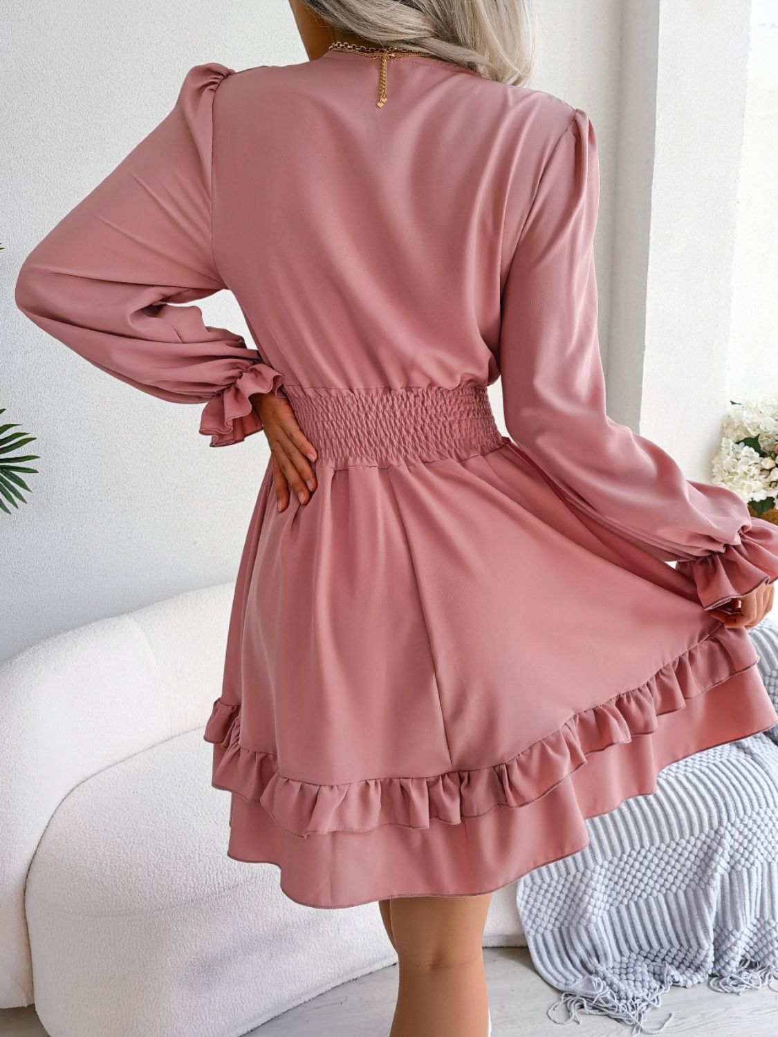 Tie Front Smocked Waist Flounce Sleeve Mini Dress